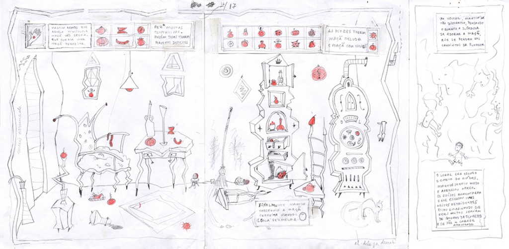 Esse livro é o campeão de rascunhos por aqui. Cada página tem zilhões de versões. E as variações não são apenas de ilustração e diagramação, mas também de texto e de conteúdo, ou seja, como a história será detalhada. Essas são algumas das opções para a página 15. Agora imagine que isso foi feito com cada página!